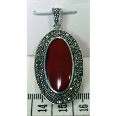 Marcasite Pendant Oval Carnelian Double Lines Marcasite Around