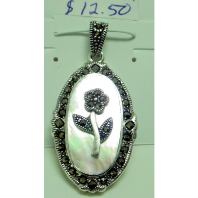 Marcasite Pendant Oval Mother of Pearl Flower Over