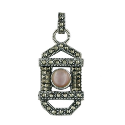 Marcasite Pendant Mirror with Pink Mother of Pearl in Center Srq Cut Marcasite As