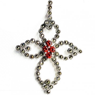 Marcasite Pendant Cross Open Garnet Crystal Cntr