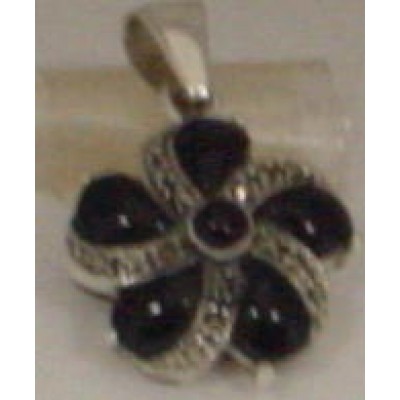 Marcasite Pendant 5 Petal Onxy Flower with Marcasite Swirls