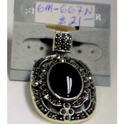 Sterling Silver Pendant Oval Inlaid Onyx with Swiss
