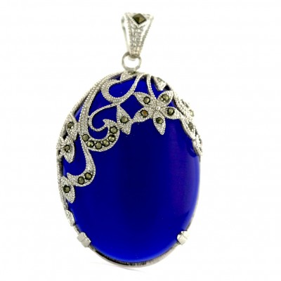 MARCASITE PENDANT OVAL BLUE CAT'S EYE FLOWER FILIGREE