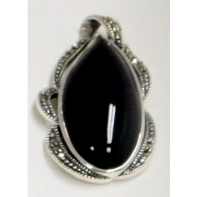 Marcasite Pendant Irreg Shaped Onyx with Ribbon