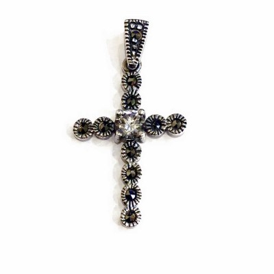 Marcasite Pendant Cross Center Round Clear Cubic Zirconia
