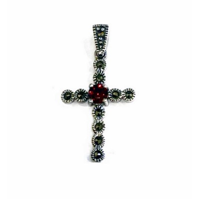 Marcasite Pendant Cross Center Round Garnet Cubic Zirconia