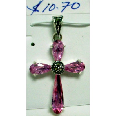 Marcasite Pndt Chess Cut Pink Cubic Zirconia Cross with Round Z Center