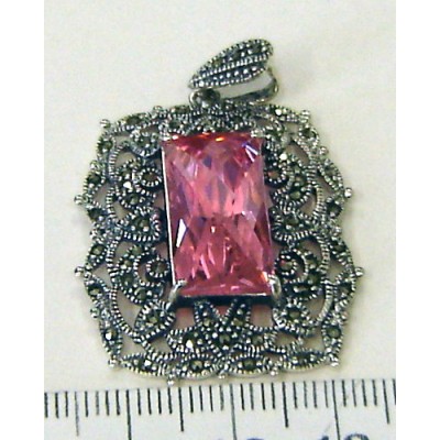 Marcasite Pendant Filigree Marcasite with Rectangular Princess Cut Pink Cubic Zirconia