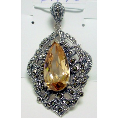 Marcasite Pendant Filigree Marcasite with Teardrop Princess Cut Champagne Cubic Zirconia