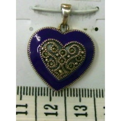 Sterling Silver Pendant Filigree Marcasite Ctr+Violet Epoxy Heart