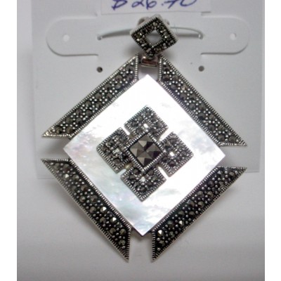 Marcasite Pendant Square Shape White Mother of Pearl with Square Cut Marcasite Ctr
