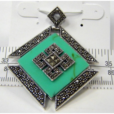 Marcasite Pendant Square Shape Turquoise with Square Cut Marcasite Ctr