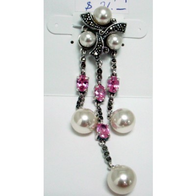 Marcasite Pendant Faux Pearl Chandelier with 4 Oval Pink Cubic Zirconia