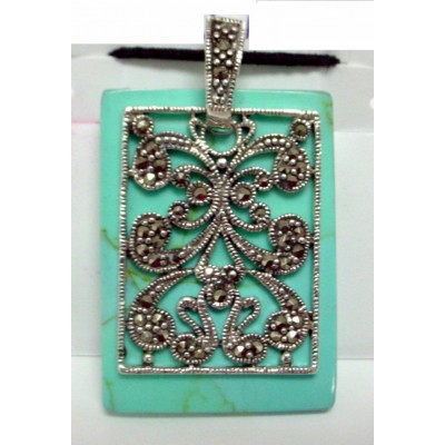 Marcasite Pendant Filigree Flower Frame+Turquoise Rectangular