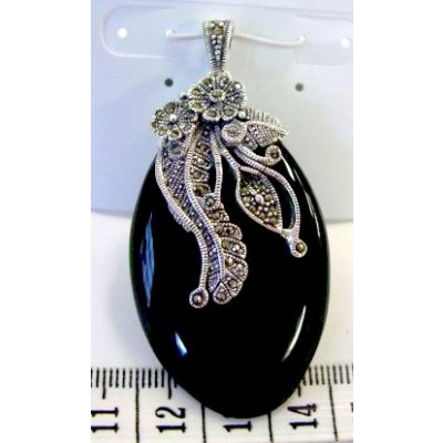 Marcasite Pendant Oval Onyx with Flower Top