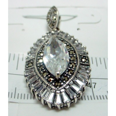 Marcasite Pendant Clear Cubic Zirconia Marquis Ctr with Baguette Sided