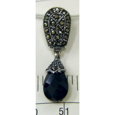 Marcasite Pendant Pave Top+Black Cubic Zirconia Chess Cut Tear Drop