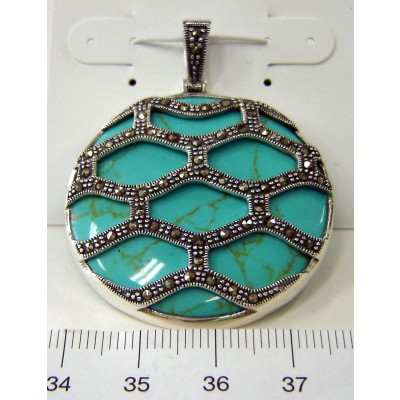 Marcasite Pendant 38mm Round Faux Turquoise with Marcasite Bee Hives