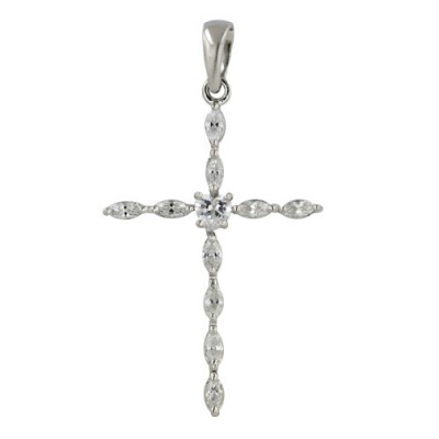 Sterling Silver Pendant Marquis Shaped Clear Cubic Zirconia Cross