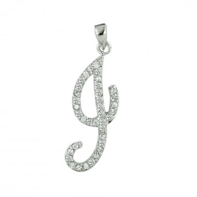 Sterling Silver Pendant Initial J Clear Cubic Zirconia