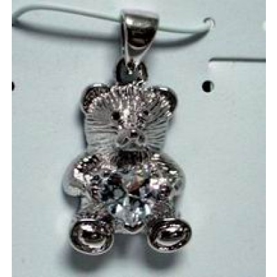 Sterling Silver Pndt Plain Teddy Bear Holding Clear Cubic Zirconia Heart