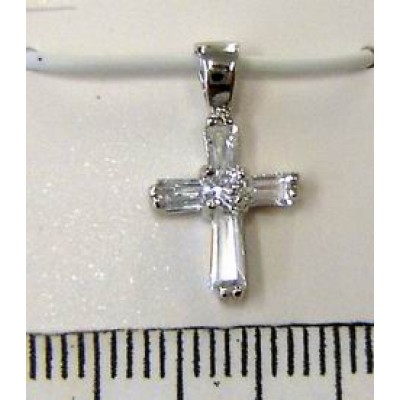 STERLING SILVER PENDANT CLEAR CUBIC ZIRCONIA BAGUETTE CROSS