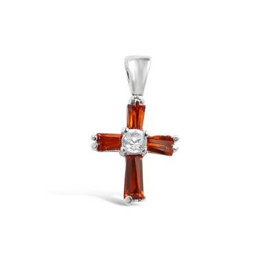 Sterling Silver Pndt 4 Garnet Cubic Zirconia Baguette + 1 Clear Cubic Zirconia Round Cross 15