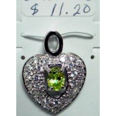 Sterling Silver Pndt Clear Cubic Zirconia Pave Heart with Oval Cntr Cut Out+ Olivine