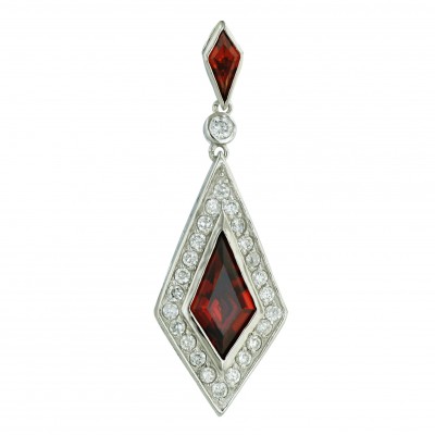 Sterling Silver Pendant 32X16mm Garnet Cubic Zirconia Rhombus--Rhodium Plating/Nickle Free--