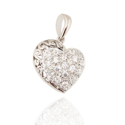 Sterling Silver Pendant Clear Cubic Zirconia Pave Heart with Filigree