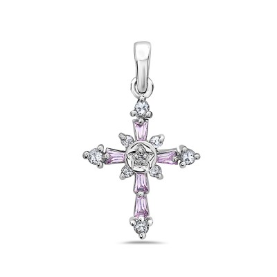Sterling Silver Pndt Pnk Cubic Zirconia Baguette Cross with Star Cntr