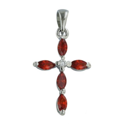 Sterling Silver Pendant 4 Garnet Cubic Zirconia Marquis Cross with Clear Cubic Zirconia Ctr