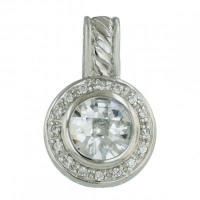 Sterling Silver Pendant 10mm Chess Cut Clear Cubic Zirconia Round with Clear Cubic Zirconia Around