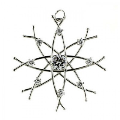 Sterling Silver Pendant 10mm Clear Cubic Zirconia Ctr+8 Small each Side Snowflak