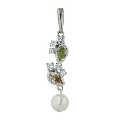 Sterling Silver Pendant Apple Green+Champagne Tear Drop+Clear Cubic Zirconia +Fresh Water