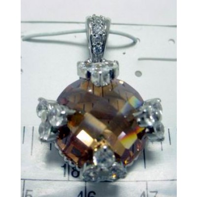 Sterling Silver Pendant 15mm Round Chess Cut Champagne Cubic Zirconia+Clear Flower on Top