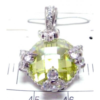 Sterling Silver Pendant 15mm Round Chess Cut Light Per. Cubic Zirconia+ Clear Cubic Zirconia Fl