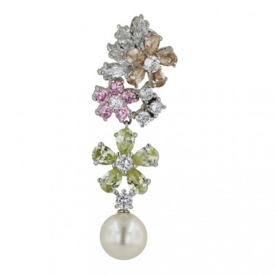 Sterling Silver Pendant Champagne+Light Per+Pink+Clear Flower Motif Top with White G