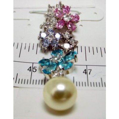Sterling Silver Pendant Lv+Pink+Aqua Marine +Clear Flower Motif Top with White Glas