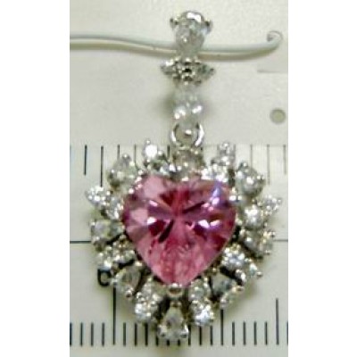 Sterling Silver Pendant Pink Cubic Zirconia Heart with Clear Cubic Zirconia Around