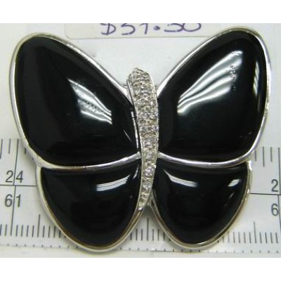 Sterling Silver Pendant Black Onyx Butterfly with Pave Cubic Zirconia Ctr