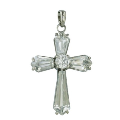 Sterling Silver Pendant Clear Cubic Zirconia Baguette Cross