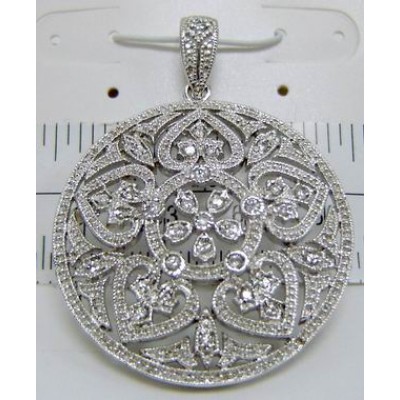 Sterling Silver Pendant 35mm Round Pave Cubic Zirconia Filigree Flower