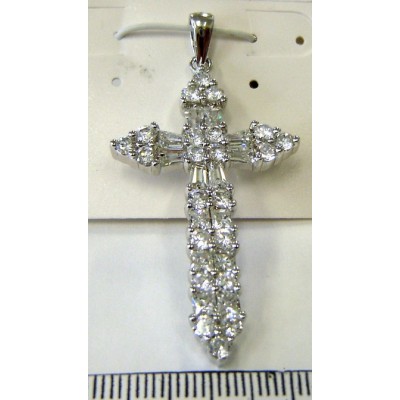 Sterling Silver Pendant Clear Cubic Zirconia Princess Cut+Baguette Cross