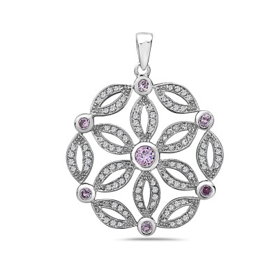 Sterling Silver Pendant Clear Cubic Zirconia Open Marquis with Pink Cubic Zirconia Bezel Flower