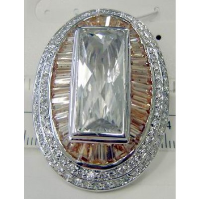 Sterling Silver Pendant 25mmx10mm Chess Cut Clear Cubic Zirconia Rectangular with Champagne Cubic Zirconia B