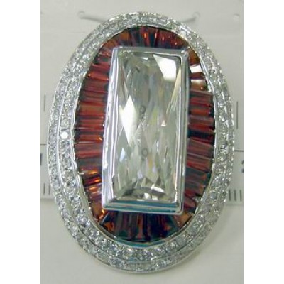 Sterling Silver Pendant 25mmx10mm Chess Cut Clear Cubic Zirconia Rectangular with Garnet Cubic Zirconia B