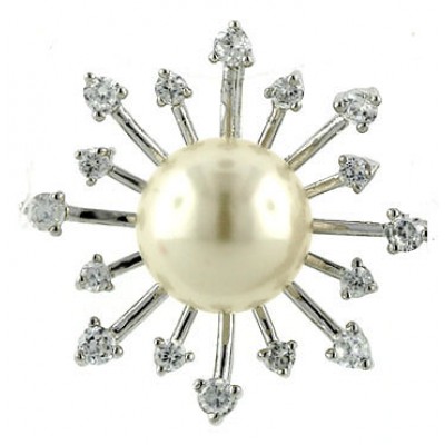 Sterling Silver Pendant White Glass Pearl with Clear Cubic Zirconia Starburst