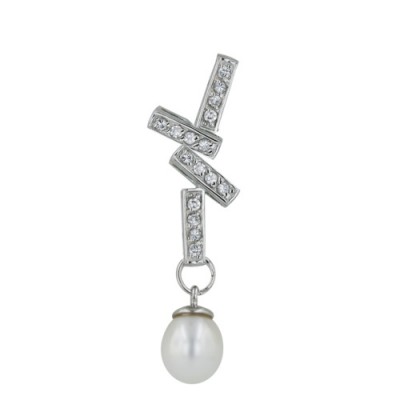 Sterling Silver Pendant 4 Clear Cubic Zirconia Bar with Chess Cut Oval Fresh Water