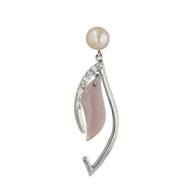 Sterling Silver Pendant Pink Fresh Water Pearl with Pink Mother of Pearl Eye Shaped Dangle